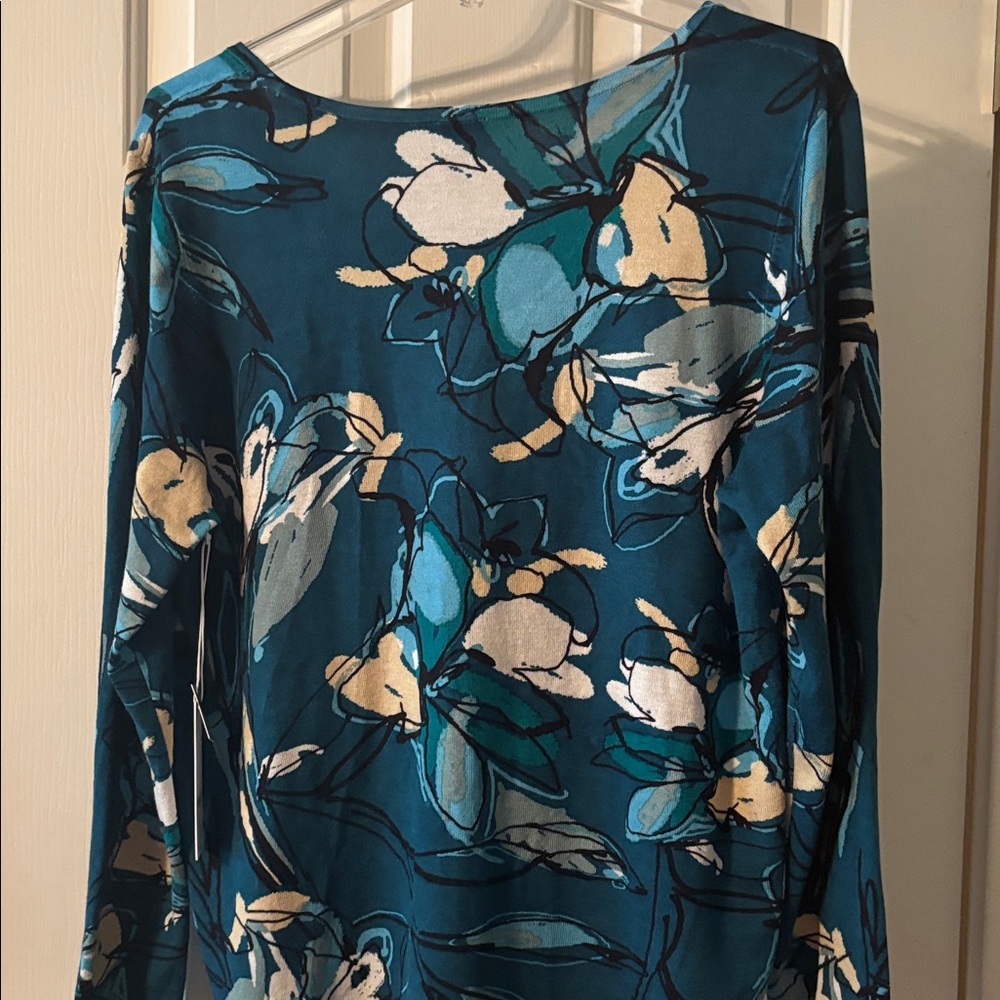 Chico's Teal and Cream Floral knit top - Picture 3 of 5